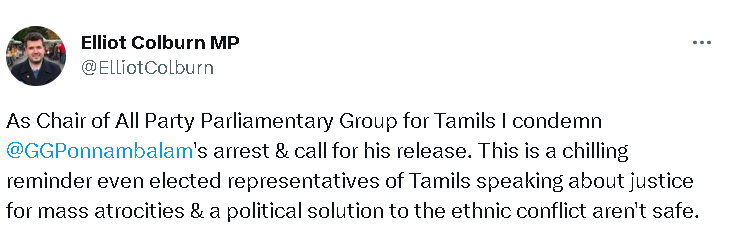 கஜேந்திரகுமார் எம் .பி கைதுக்குபிரிட்டிஷ் கன்சர்வேடிவ் கட்சி எம் .பி எலியட் கோல்பர்ன் கண்டனம்! 1