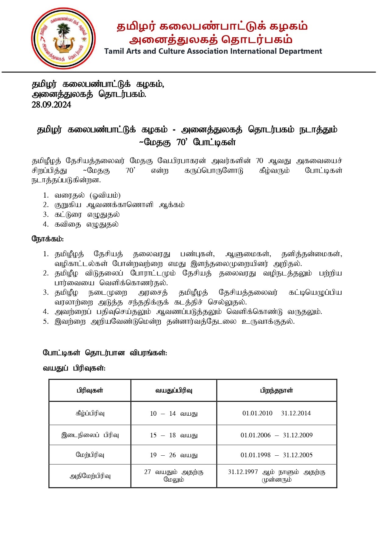 தமிழர் கலைபண்பாட்டுக் கழகம் - அனைத்துலகத் தொடர்பகத்தினால் நடாத்தப்படும் மேதகு 70 போட்டிகள். 2